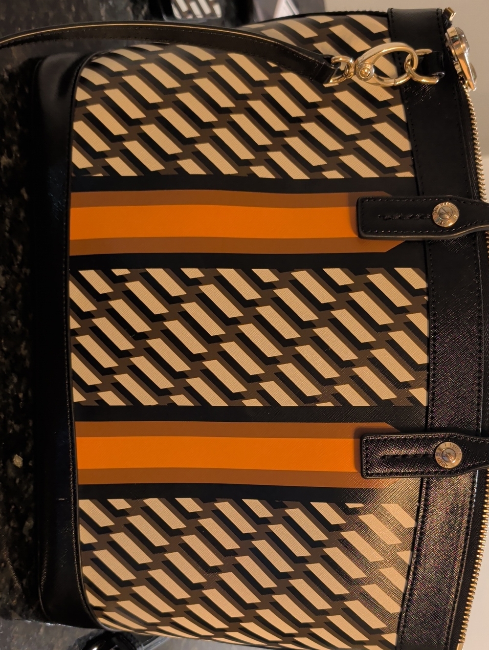 Henri Bendel Black, Orange & Cream Geometric Dome Satchel with Wallet - Picture 6 of 12